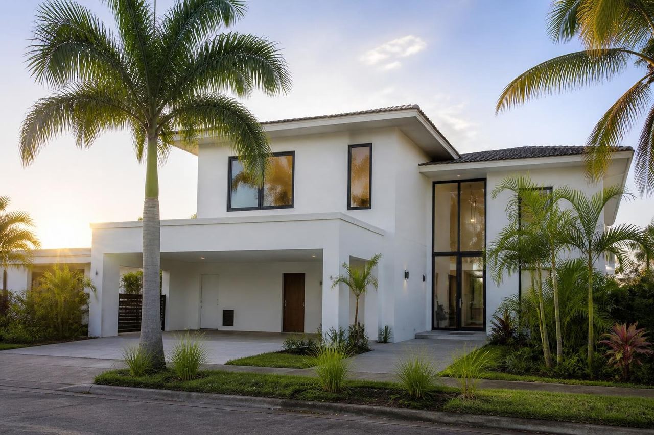 Ilustración: una casa moderna terminada, con palmeras, al atardecer