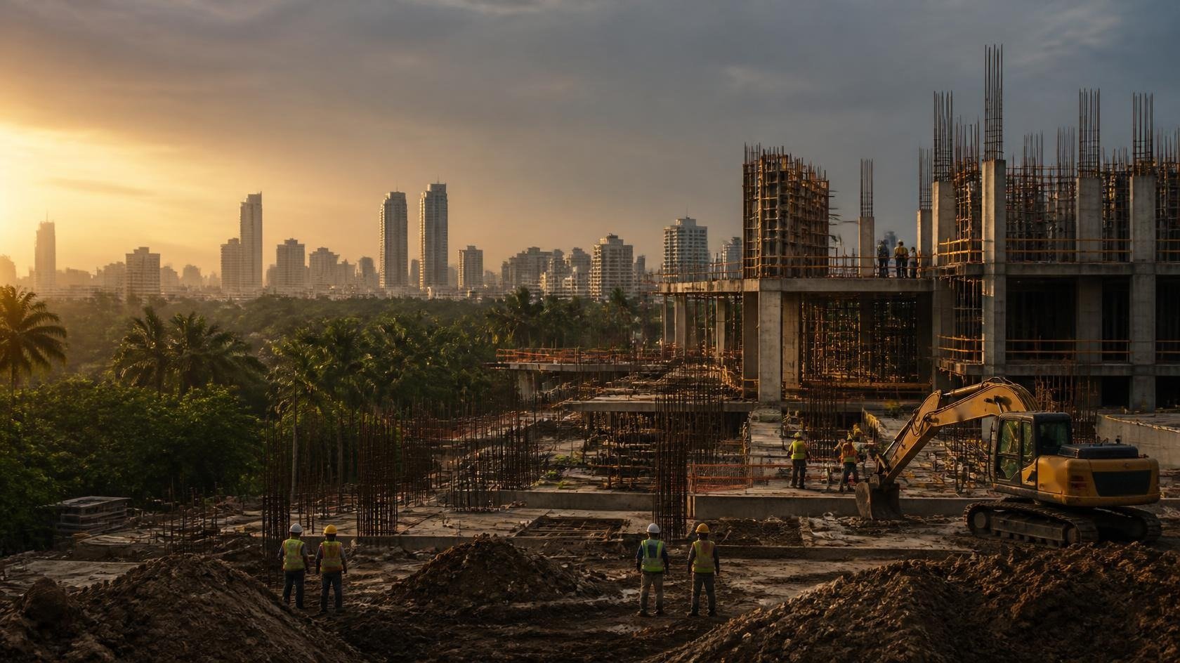 Ilustración: una obra al atardecer, con una cuadrilla con cascos, una estructura de concreto y una excavadora, y una ciudad al fondo